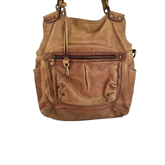 Vintage Fossil Large Brown Leather Shoulder Bag Multiple Pockets & Key Charm Y2k - Picture 2 of 12
